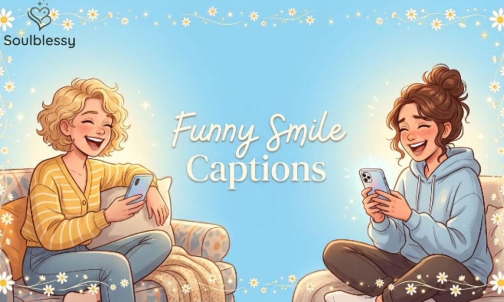 Funny smile captions illustration with friends laughing together.
