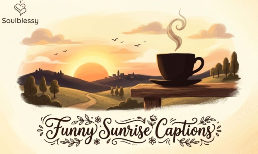 Funny Sunrise Captions image with coffee and sunrise theme.
