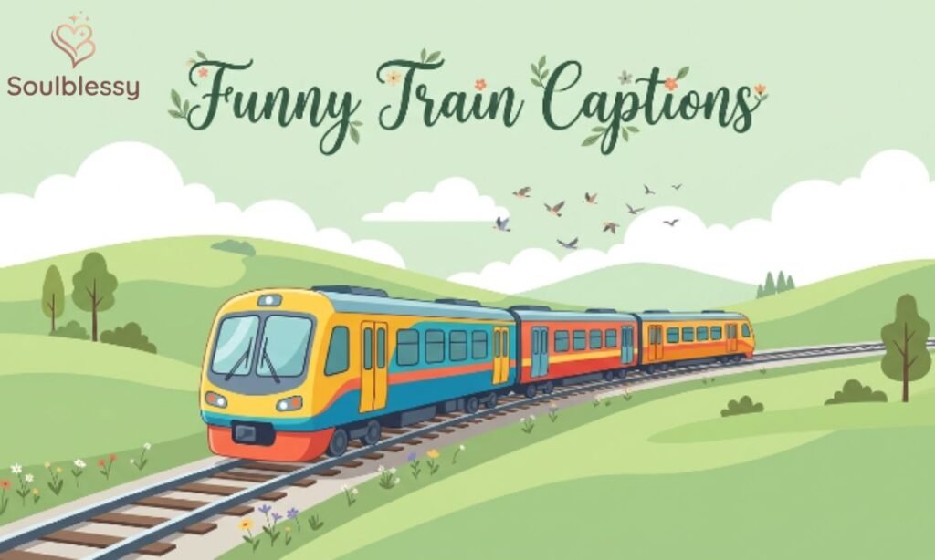 Colorful passenger train traveling through green hills for funny train captions.