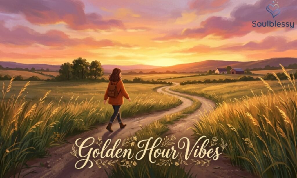 Golden sunset walking scene with glowing evening light.
