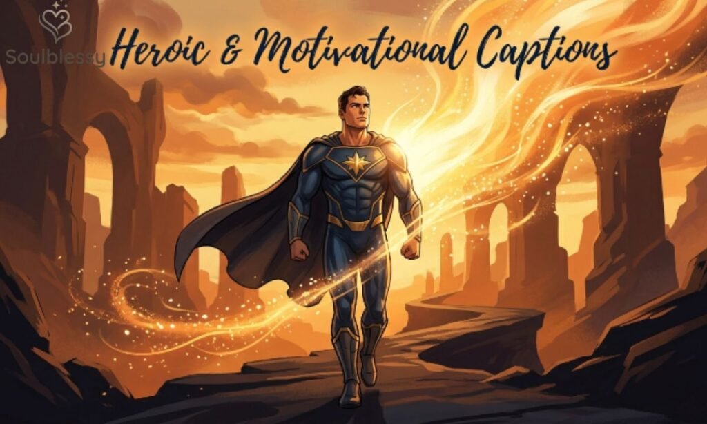 Motivational superhero captions image showing determined heroes moving forward.