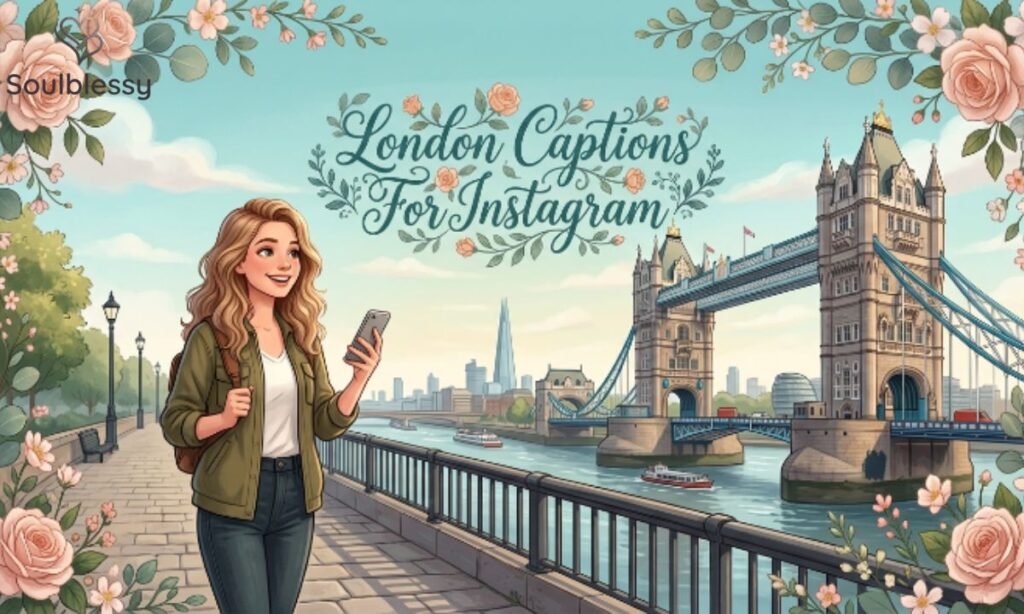 Traveler standing near Tower Bridge with elegant London captions title.