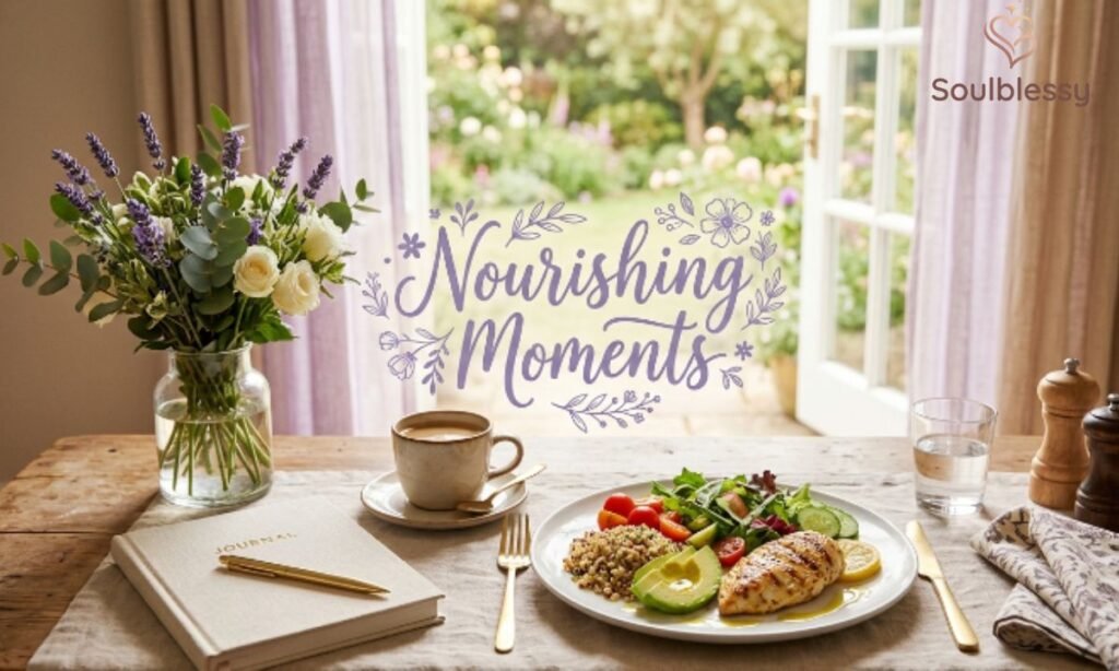 Inspirational lunch quotes image with elegant lunch setting.