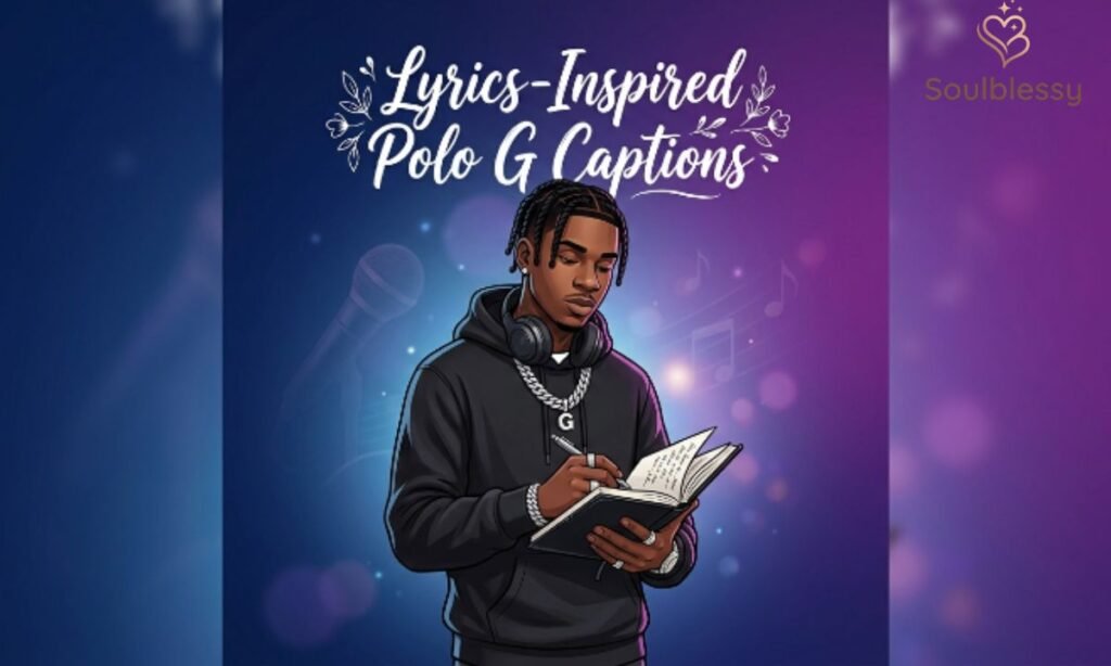 Lyrics inspired Polo G captions illustration with rapper writing lyrics.