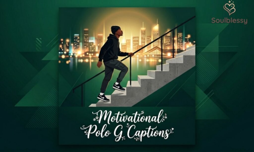 Motivational Polo G captions illustration showing determination and success.