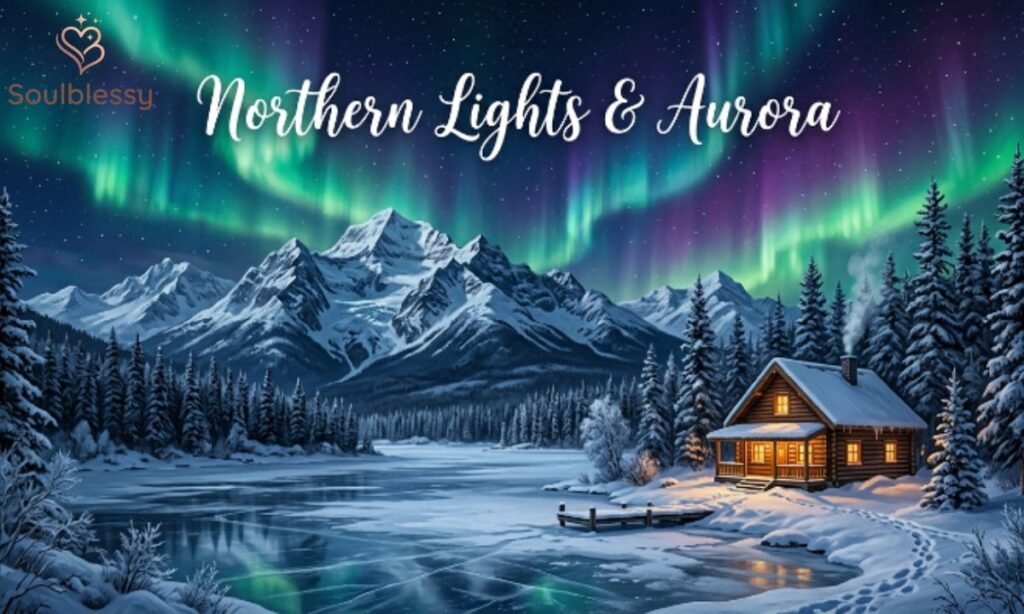 Northern Lights over snowy Alaska mountains and frozen lake