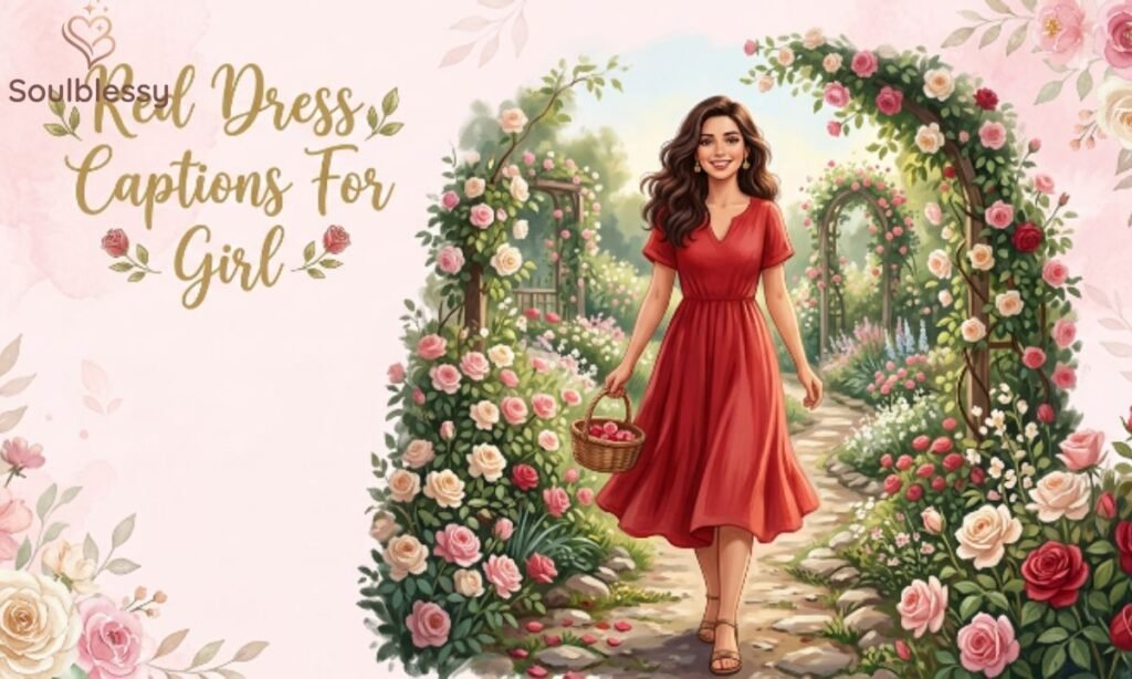 Girl wearing a stylish red dress surrounded by flowers.