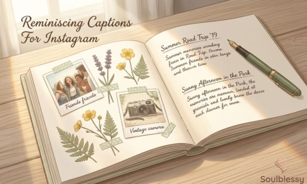 Scrapbook filled with old memories and photographs representing reminiscing captions.