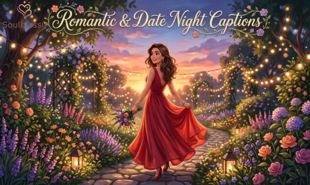 Woman in a romantic red dress during sunset surrounded by flowers.