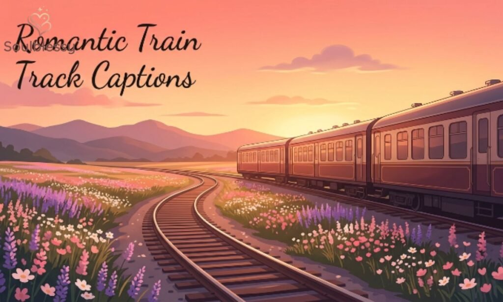 Passenger train traveling along romantic railway tracks during a colorful sunset.