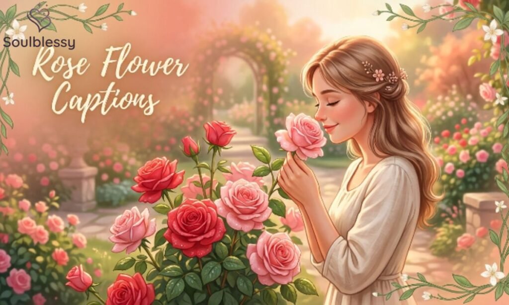 Romantic rose garden illustration with elegant floral typography.