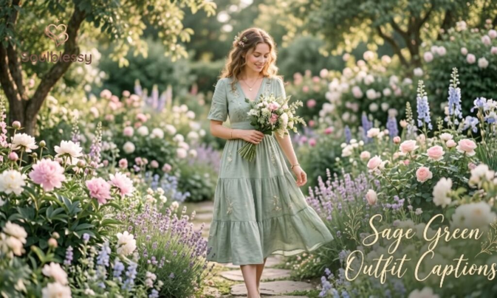 Woman in a sage green dress surrounded by flowers.