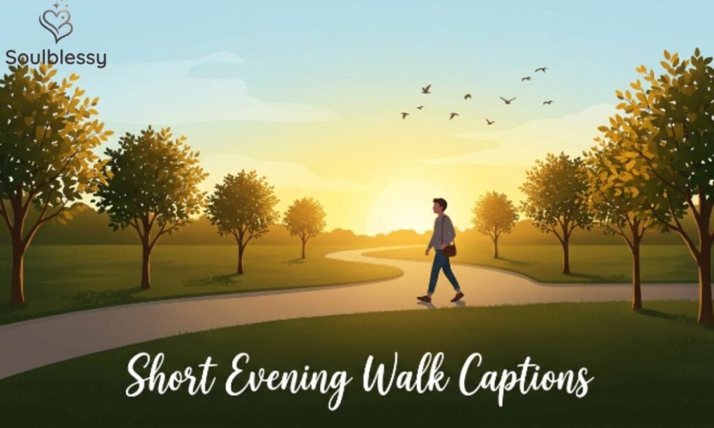 Minimal evening walk illustration with a sunset pathway and short caption title.
