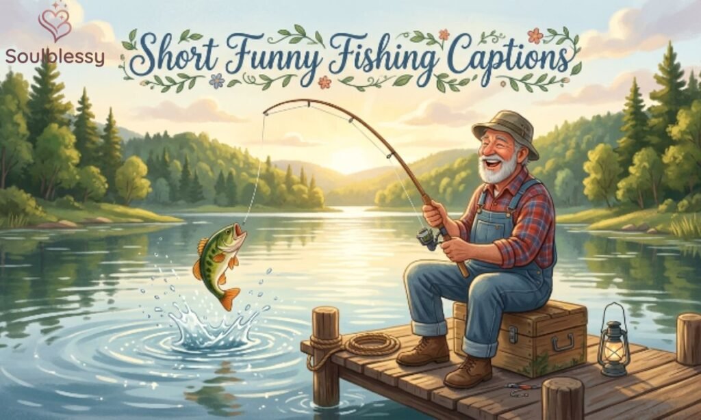 Funny fishing illustration with a happy angler sitting on a dock beside a peaceful lake.