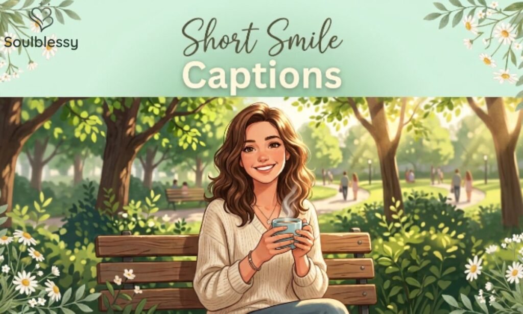 Short smile captions illustration with smiling woman in a sunny park.
