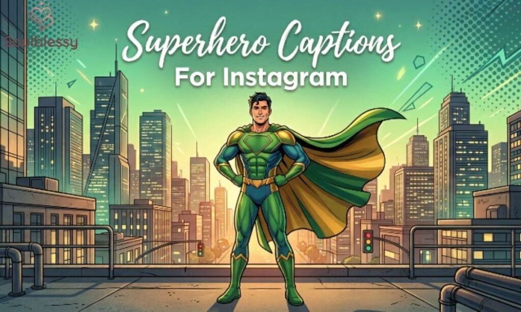 Superhero captions for Instagram images with confident animated heroes.
