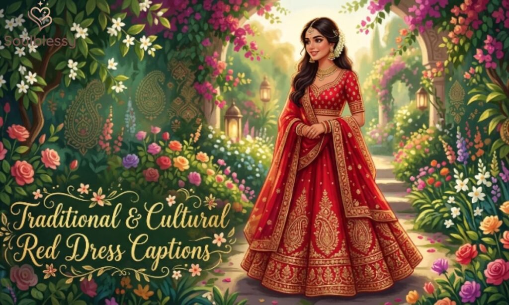 Woman wearing a traditional red outfit surrounded by flowers.