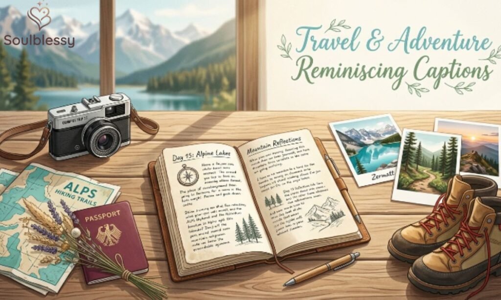 Travel journal with adventure photographs and vintage camera.