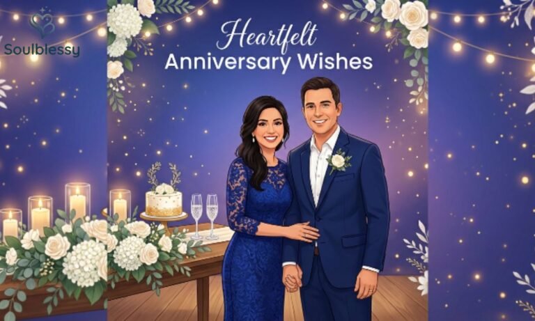 Heartfelt anniversary wishes illustration with happy couple celebrating love and marriage