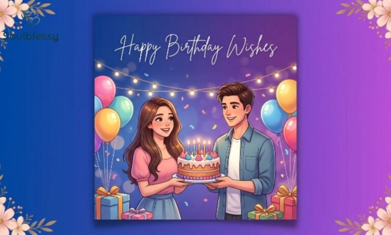 Happy Birthday Wishes featured illustration with birthday cake, balloons and gifts