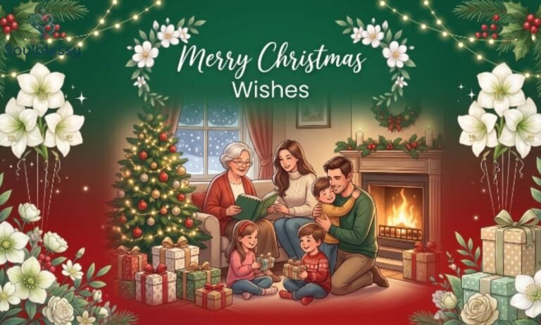 Beautiful Merry Christmas Wishes illustration with Christmas tree, gifts, warm lights and festive family celebration.