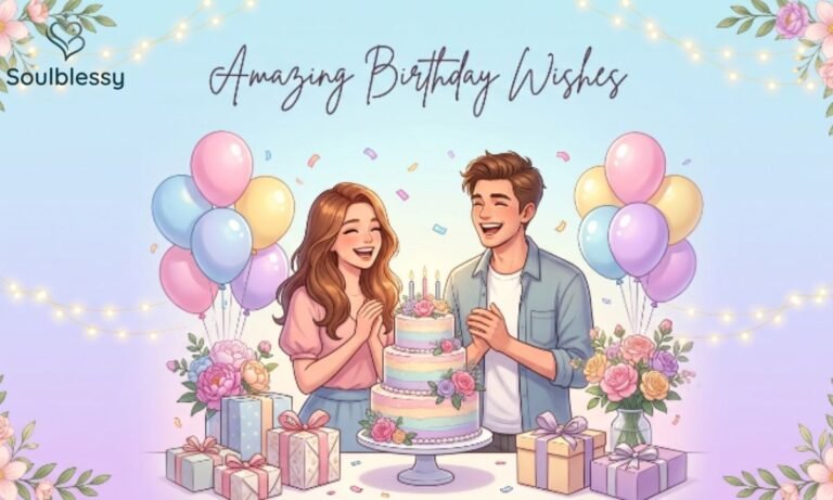 Amazing Birthday Wishes feature image with birthday cake, balloons and celebration illustration.