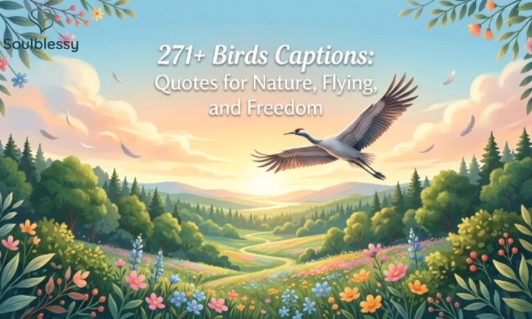 271+ Birds Captions Quotes for Nature Flying and Freedom featured illustration with flying bird and floral decorations.