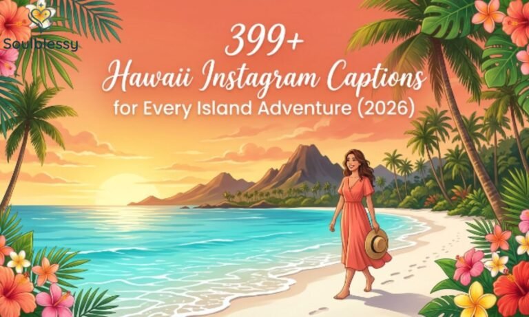 Hawaii Instagram Captions feature image with tropical beach, palm trees, turquoise ocean, and island scenery.