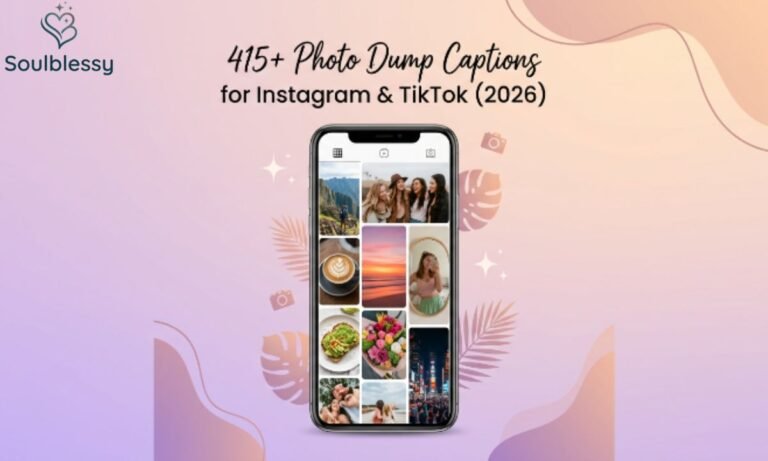 415+ Photo Dump Captions for Instagram & TikTok featured illustration with smartphone photo collage.