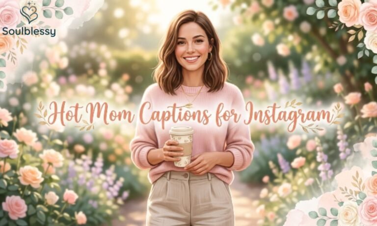 Stylish confident mom smiling in a soft floral setting with elegant typography saying Hot Mom Captions for Instagram