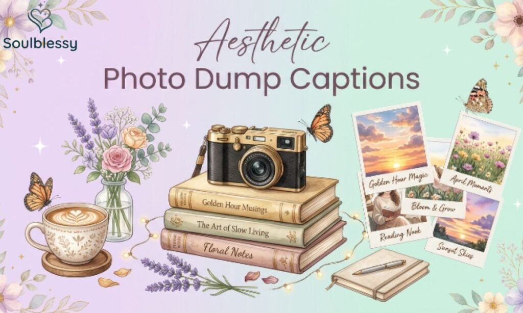 Aesthetic photo dump captions illustration with soft lifestyle collage.