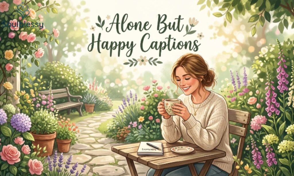 Happy person enjoying coffee alone in a peaceful garden.