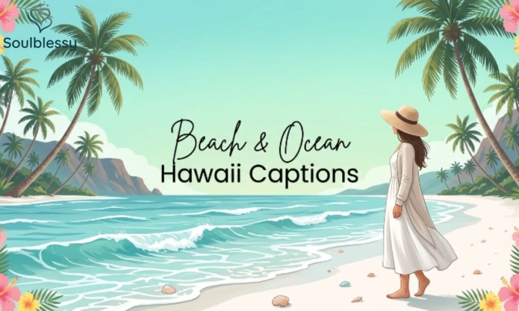 Tropical Hawaii beach with crystal-clear ocean and palm trees.