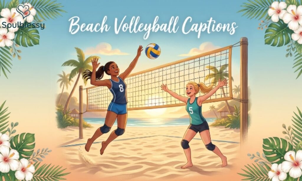 Beach Volleyball Captions illustration with volleyball players on a sunny beach court.