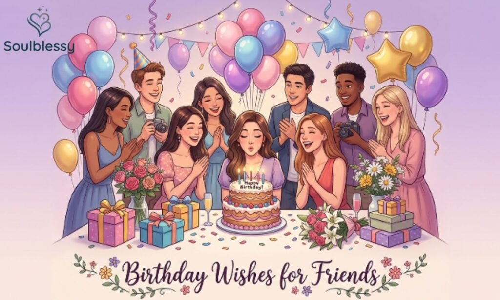 Friends celebrating a birthday with balloons and gifts.