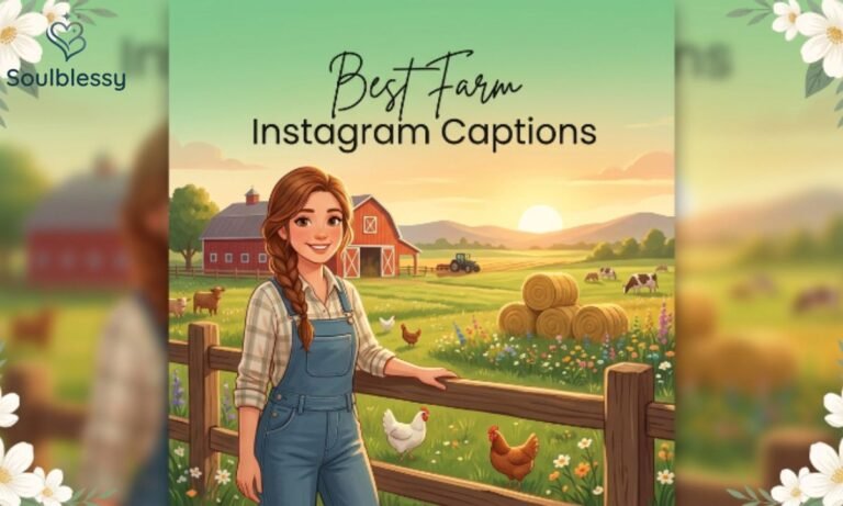Best Farm Instagram Captions featured image with beautiful countryside farm illustration.