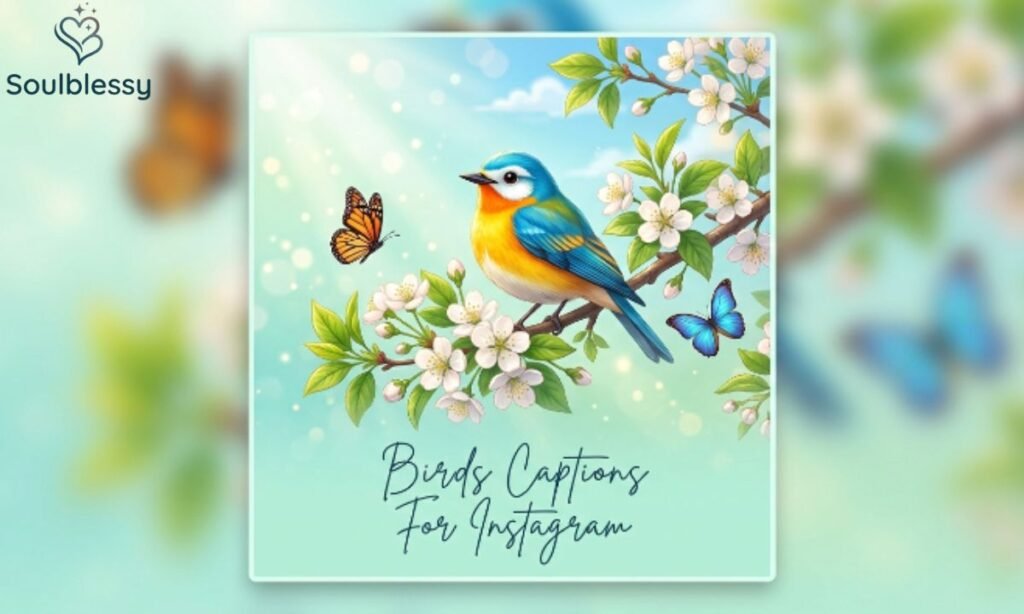 Colorful bird sitting on a flowering branch with Birds Captions For Instagram heading.