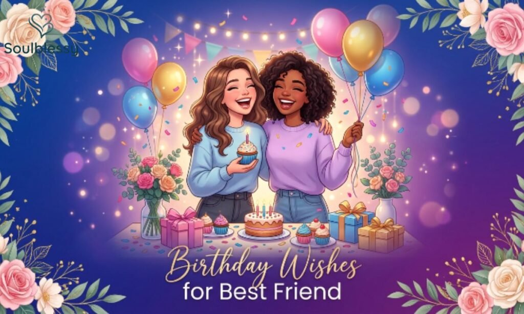 Birthday Wishes for Best Friend illustration with two friends celebrating together.
