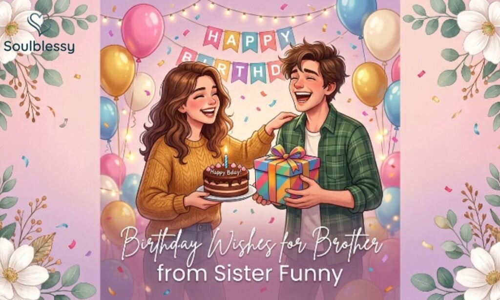 Funny birthday wishes for brother from sister illustration with siblings celebrating.