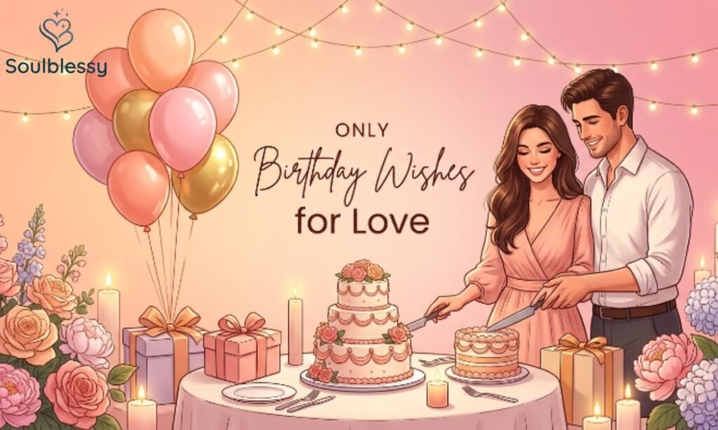 Romantic birthday celebration with couple cake flowers and gifts