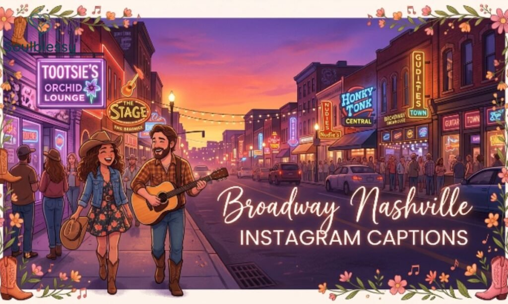 Broadway Nashville street with neon lights and Music City atmosphere.