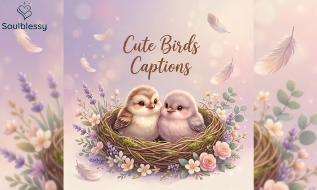 Cute fluffy baby birds sitting in a nest with pastel flowers.
