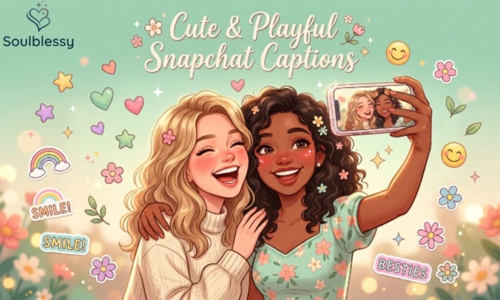 Cute Snapchat captions illustration featuring happy friends taking selfies.
