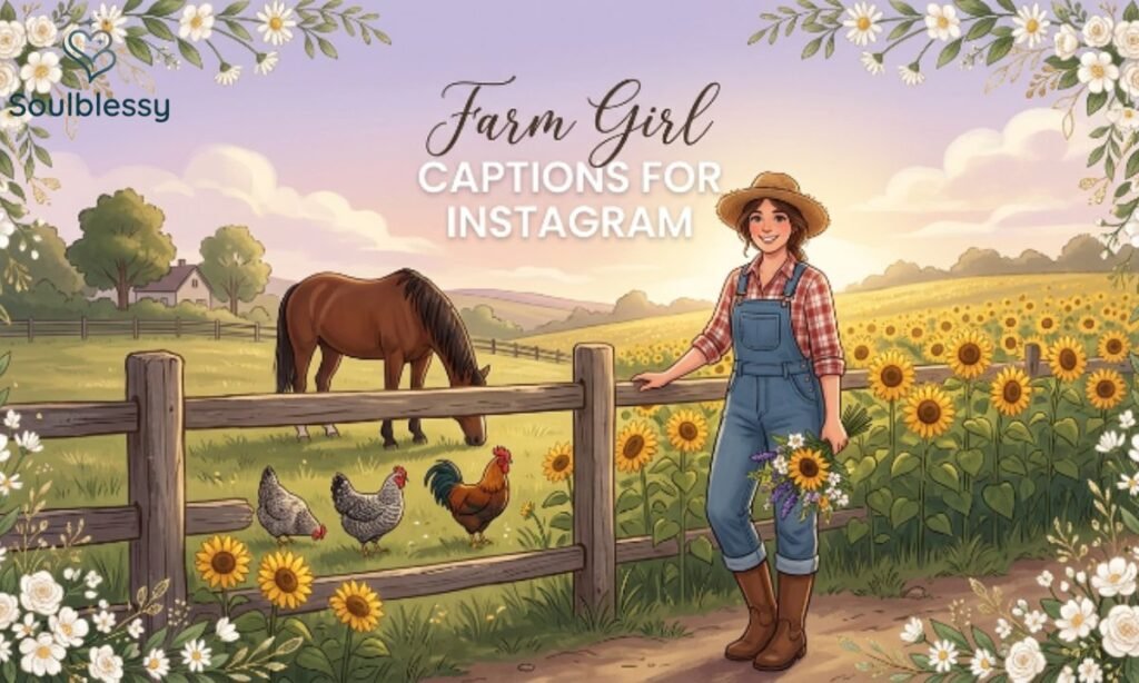 Farm girl standing in a sunflower field with rustic countryside background.