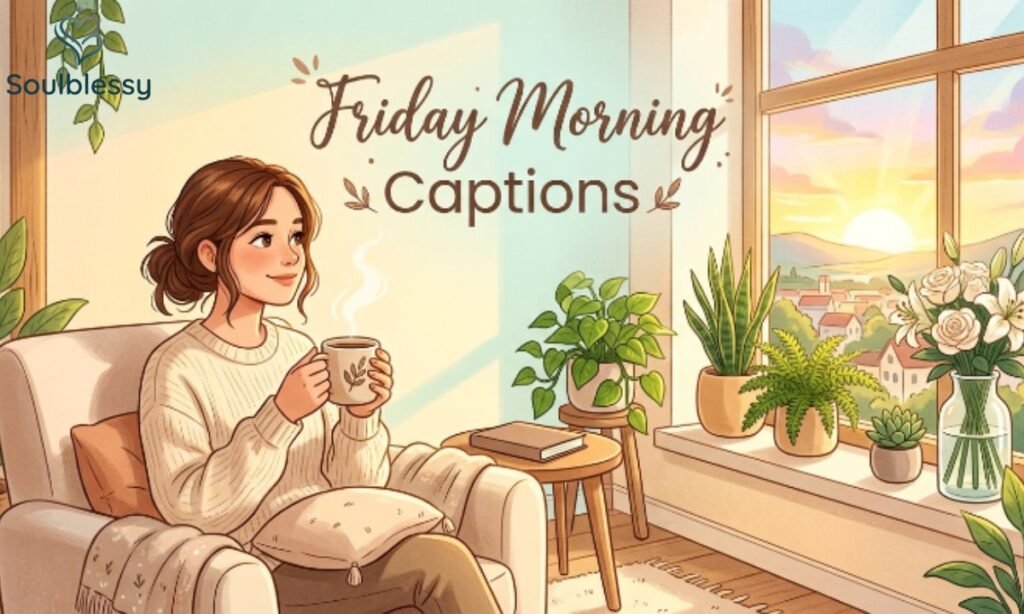Friday Morning Captions illustration with coffee and sunrise