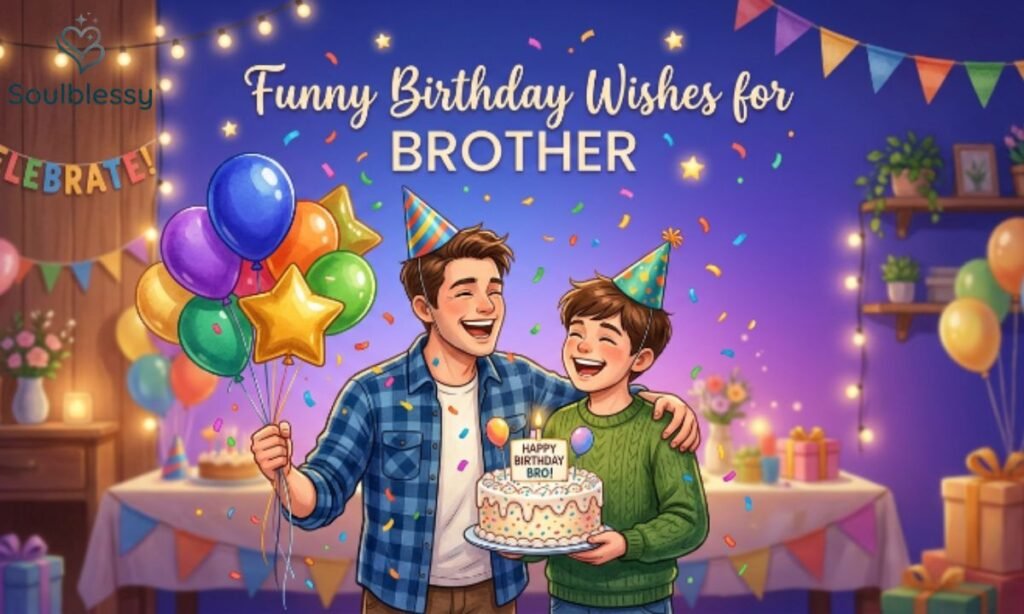 Funny birthday wishes for brother illustration with birthday celebration.