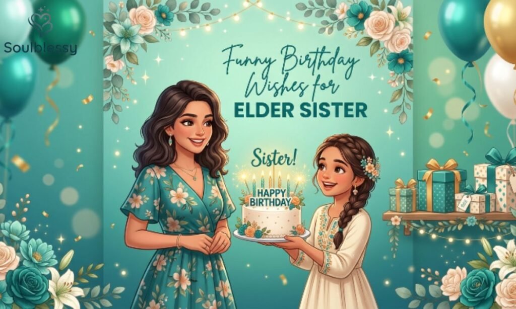 Funny birthday wishes for elder sister illustration with sisters celebrating together