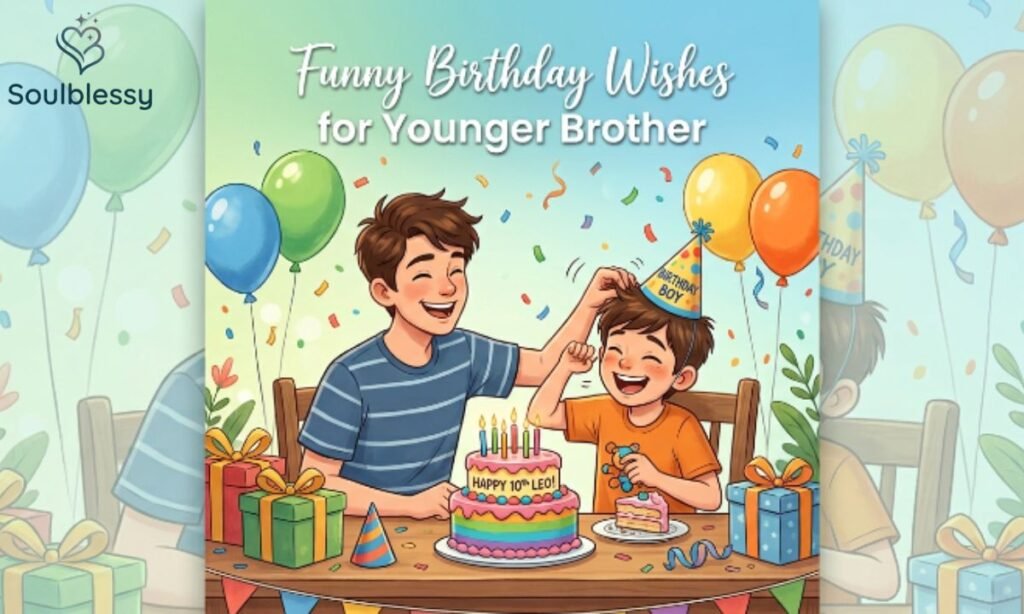 Funny birthday wishes for younger brother illustration with playful birthday celebration.