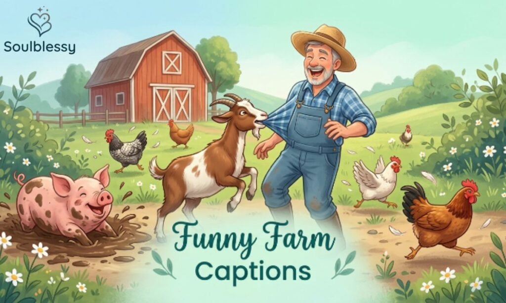 Funny farm illustration with playful goat, pig, and chickens.