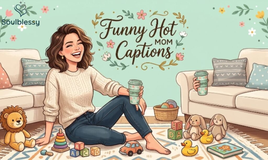 Happy mother laughing while holding coffee and toys around her